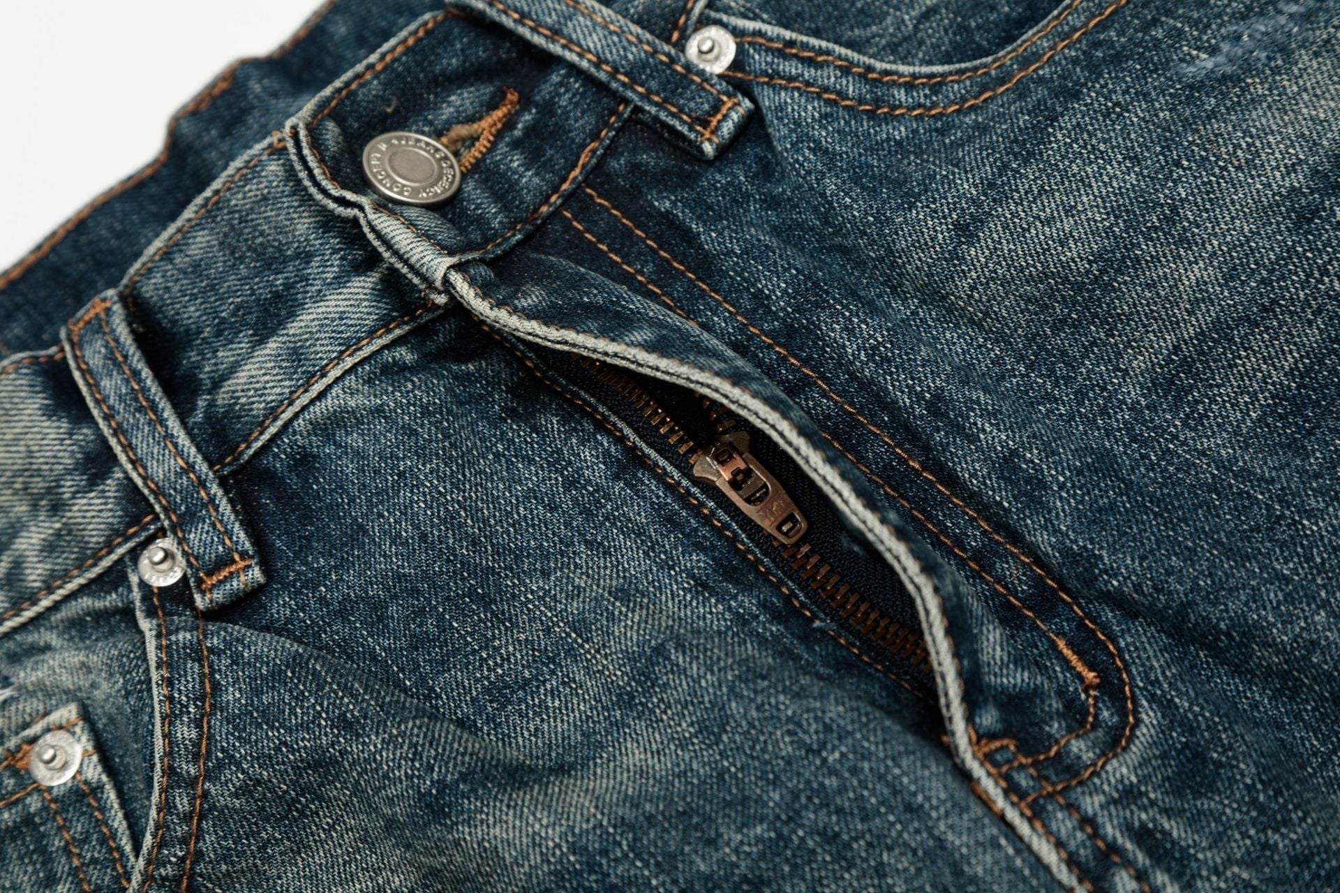 Damage Whisker Wash Straight Denim Jeans