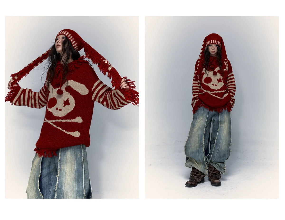 Skull Print Stripe Oversize Knit Hoodie