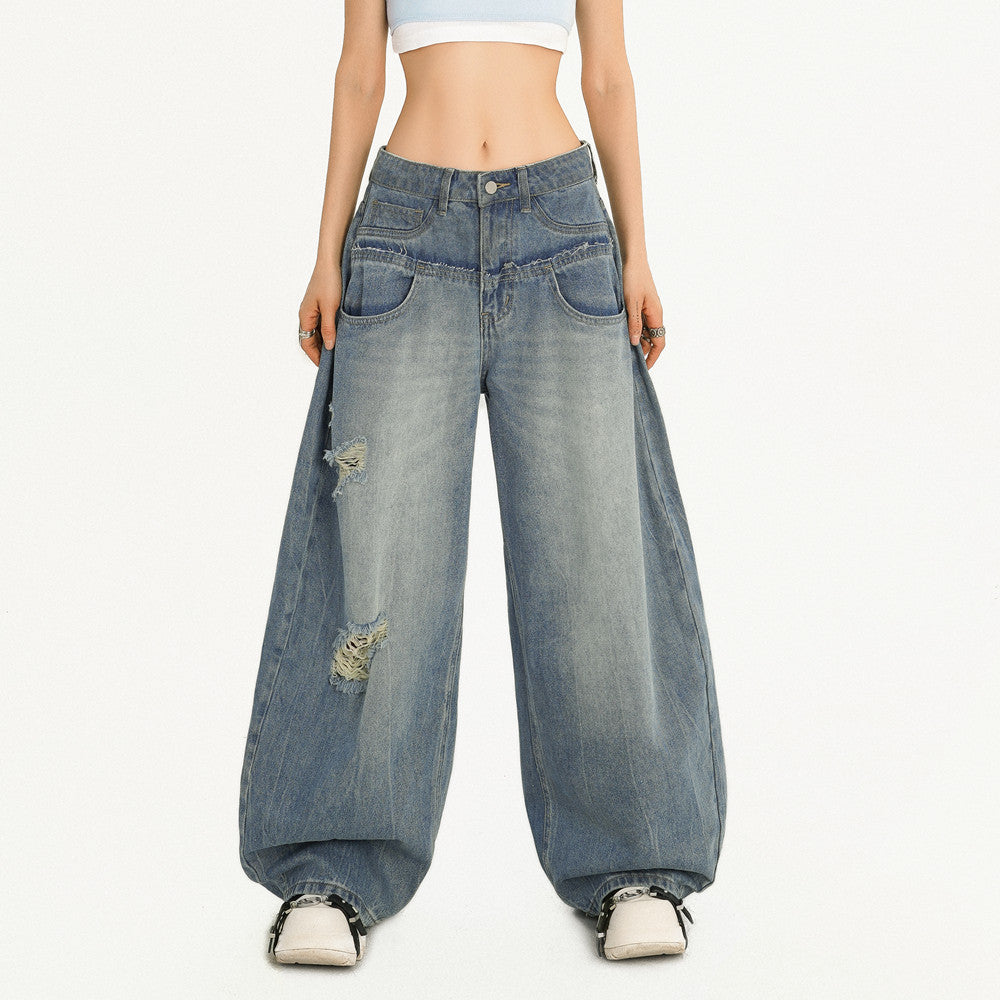 Damage Embroidery Wash Wide Leg Denim Jeans