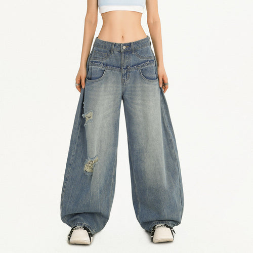 Damage Embroidery Wash Wide Leg Denim Jeans - Blue / S