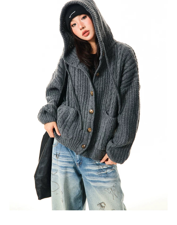 Hooded Button Oversize Cable Knit Cardigan