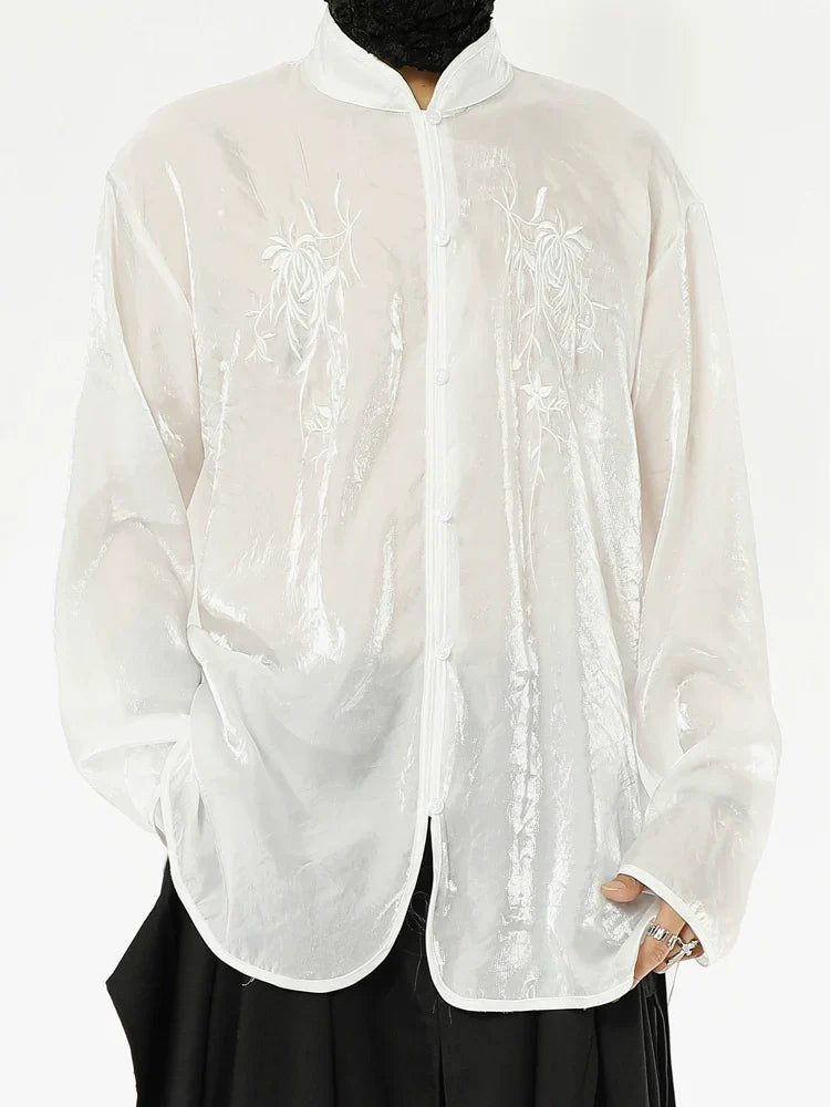 Organza Floral Embroidery Standing-Collar Long Sleeve Shirt