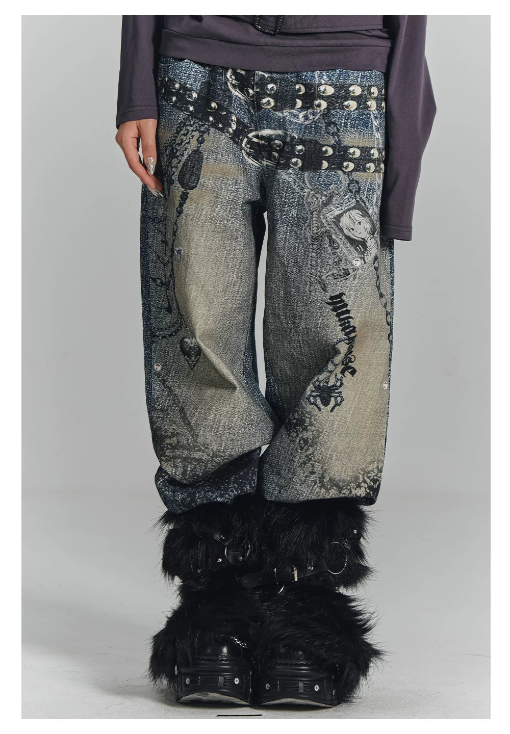 Chain Design Wide Leg Straight Denim Jeans