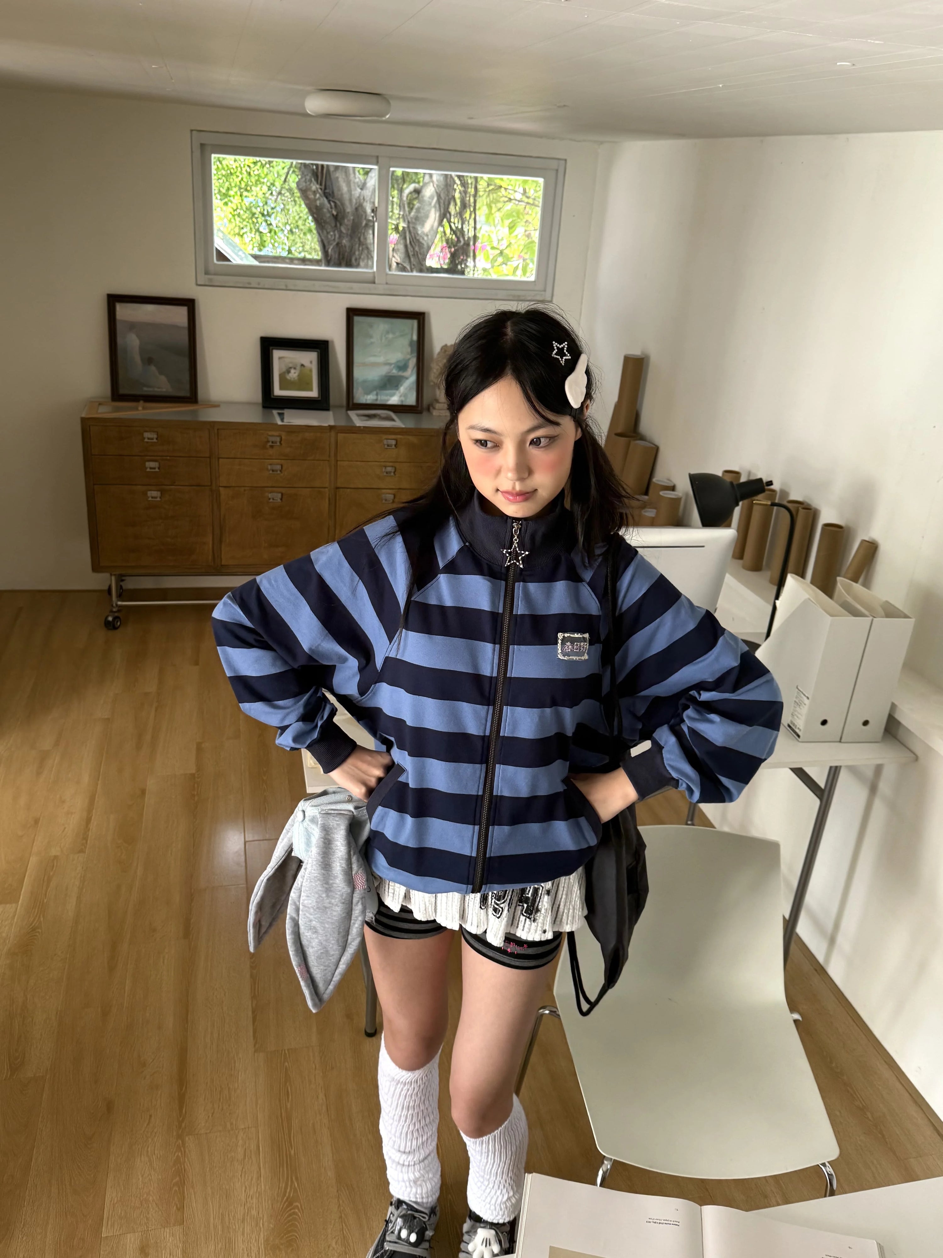 Striped Oversize Stand Collar Zipper Jacket