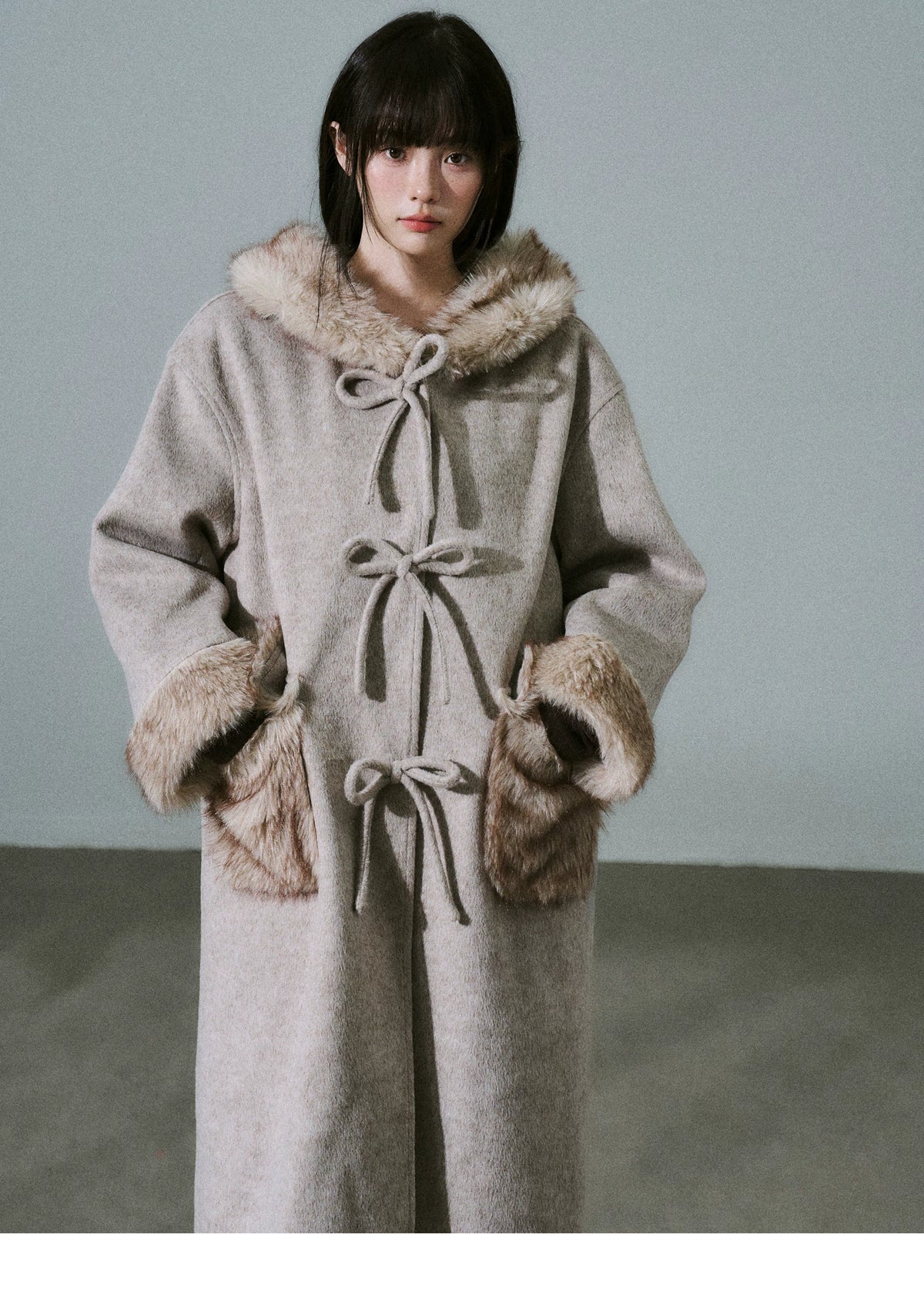 Bow Detail Fake Fur Trim Coat
