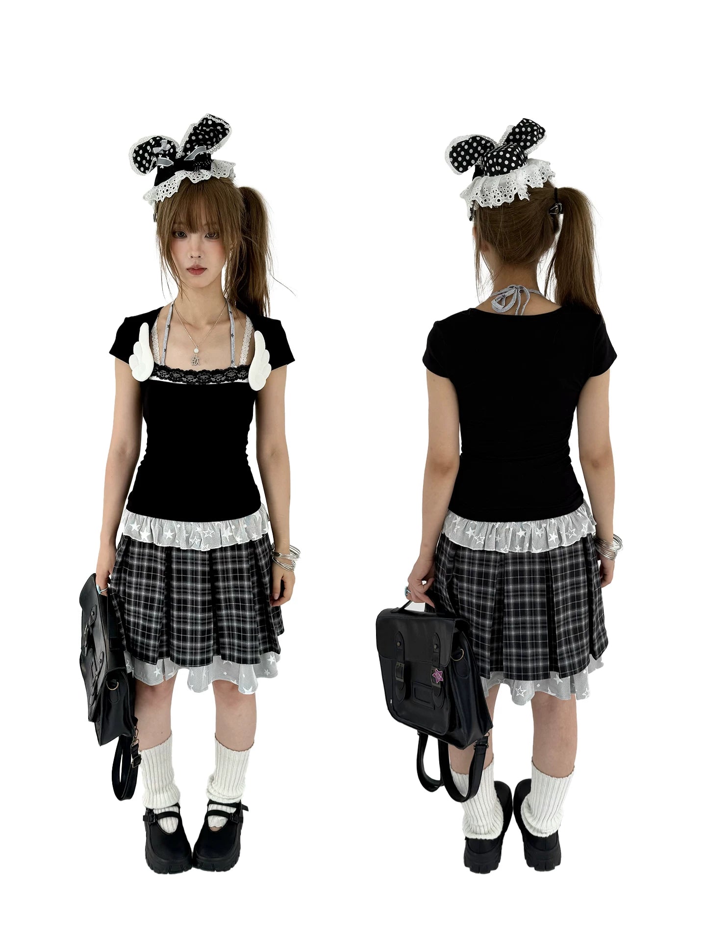 Plaid Lace Layered Star A-Line Short Skirt