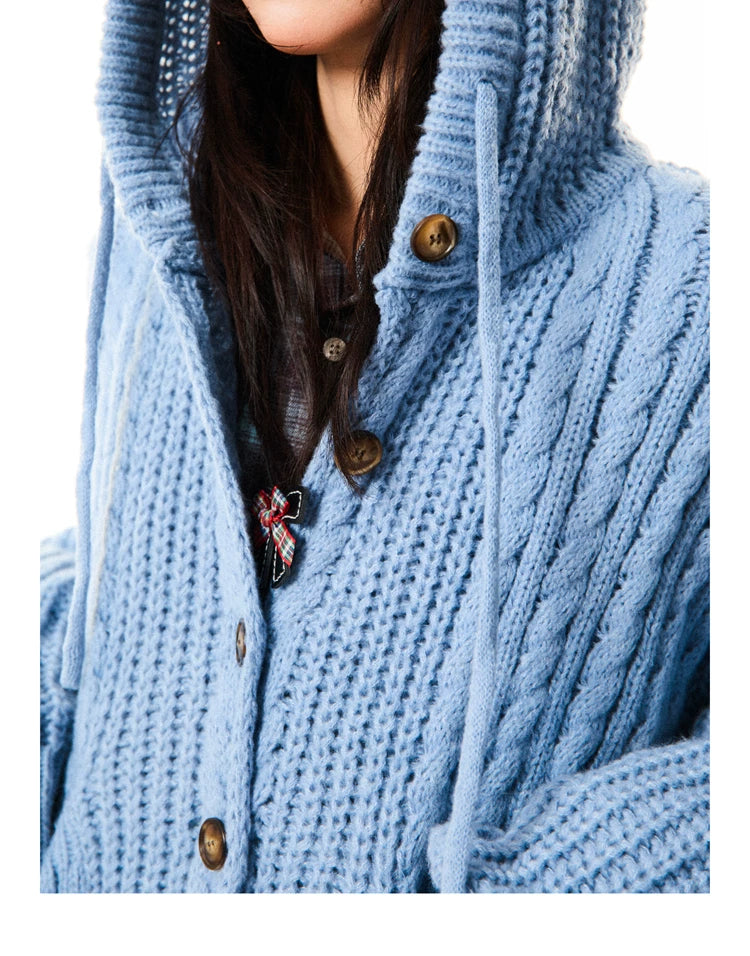 Hooded Button Oversize Cable Knit Cardigan