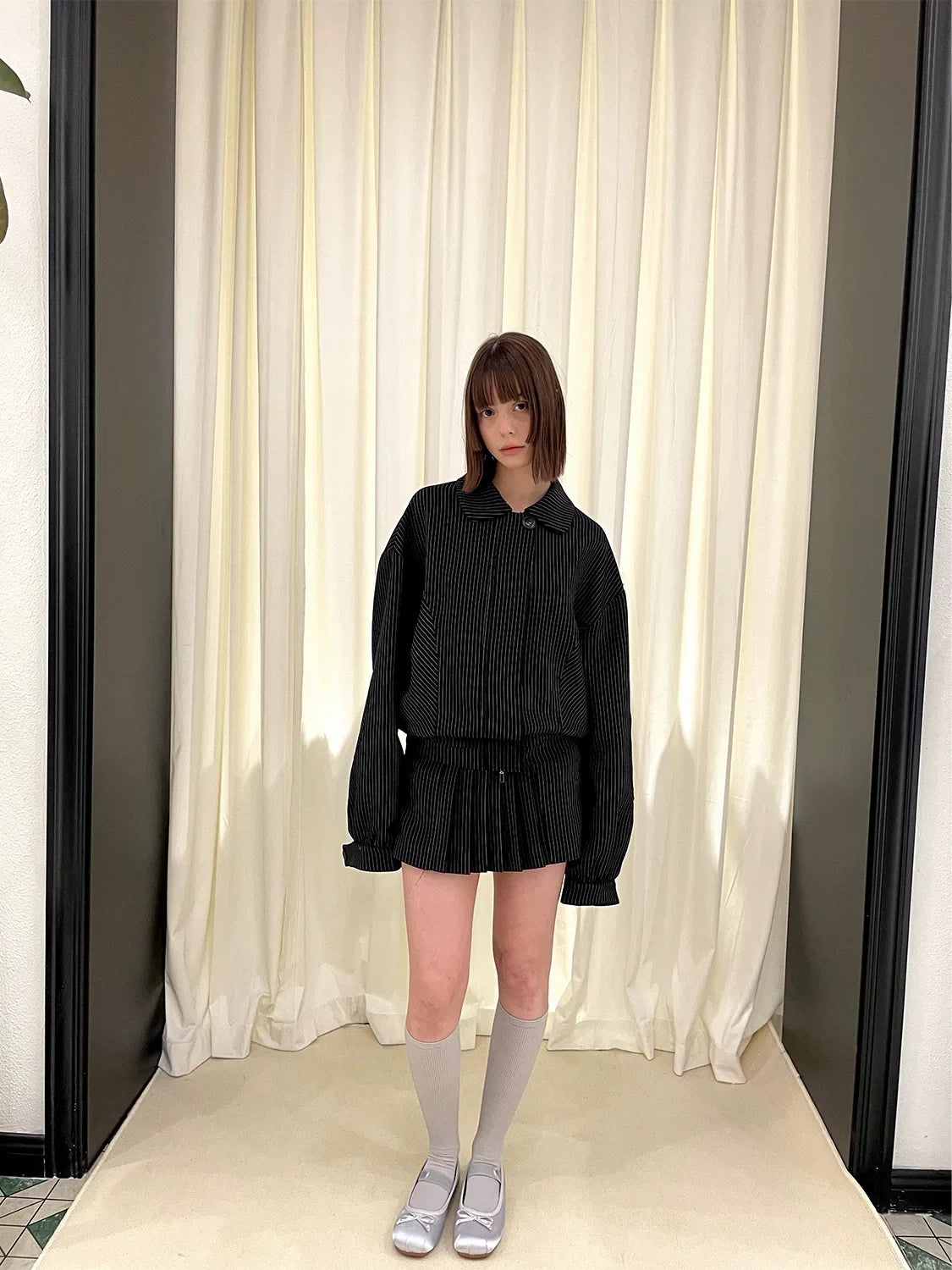 Stripe Polo Collar Jacket & Pleated Short Skirt Setup