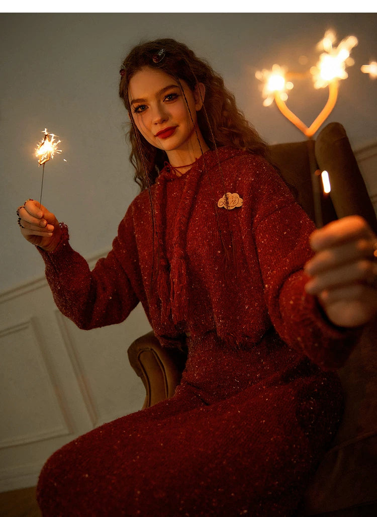 Textured Hooded Knit Sweater & Long Knit Skirt Setup