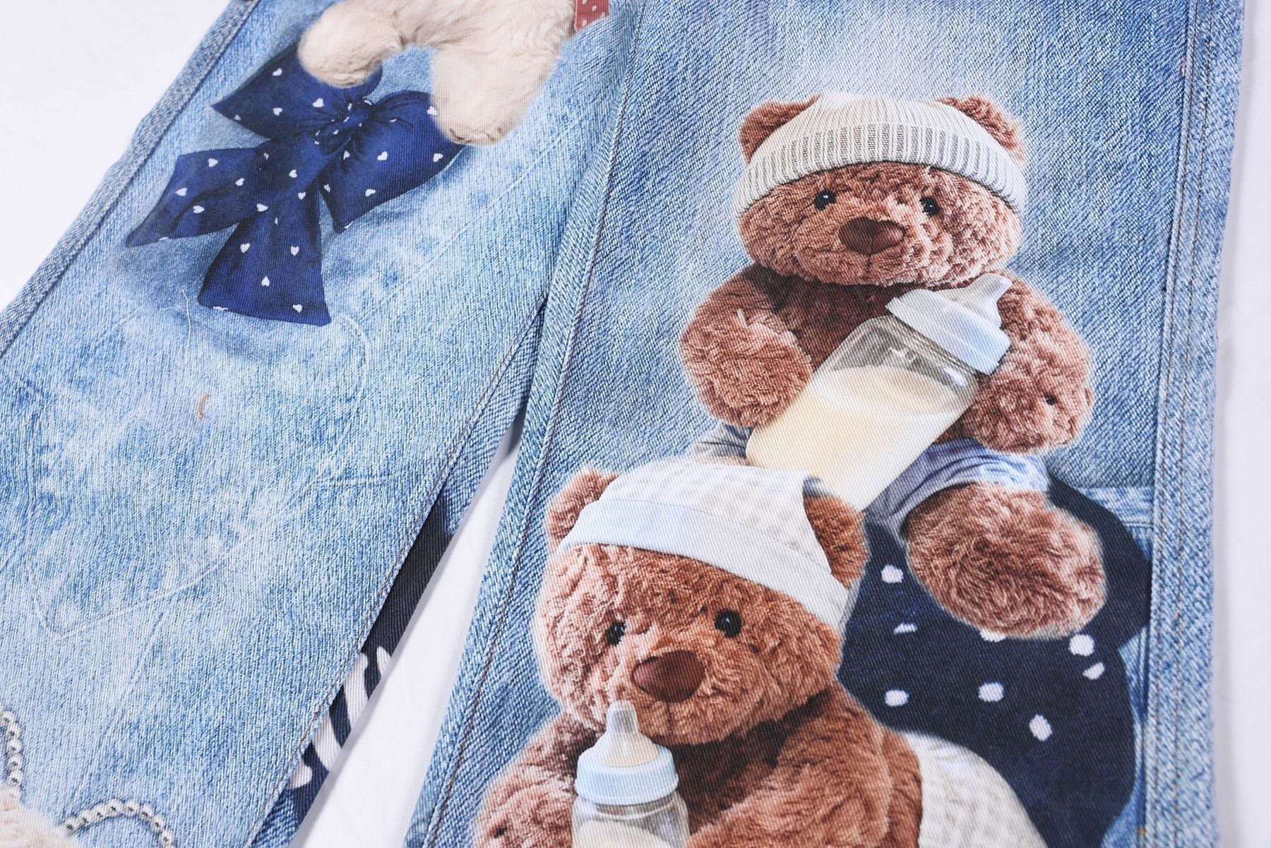 Washed 3D Character Print Wide Leg Denim Jeans