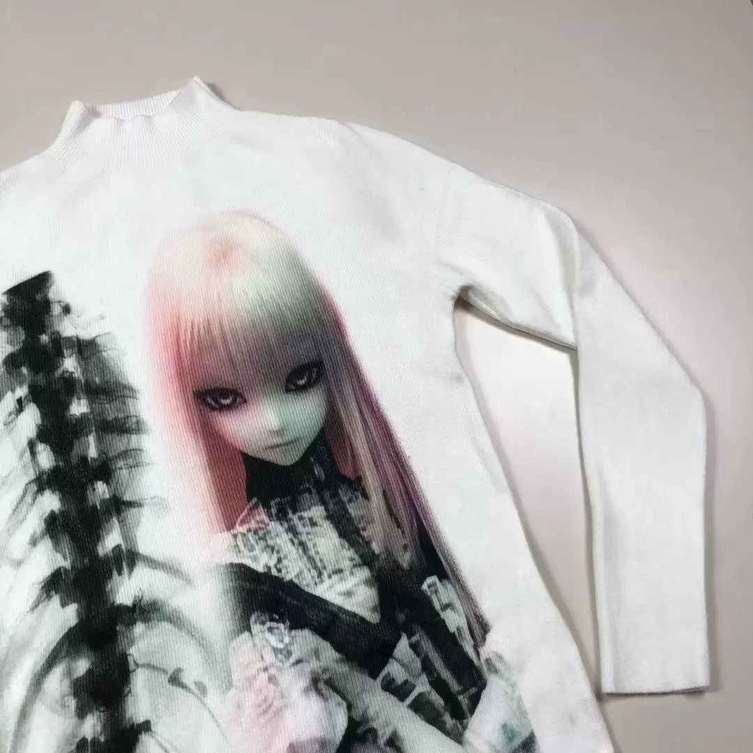 3D Doll Design High-Neck Knit Sweater