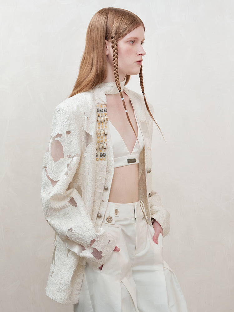 Beaded Collarless Tailored Jacket