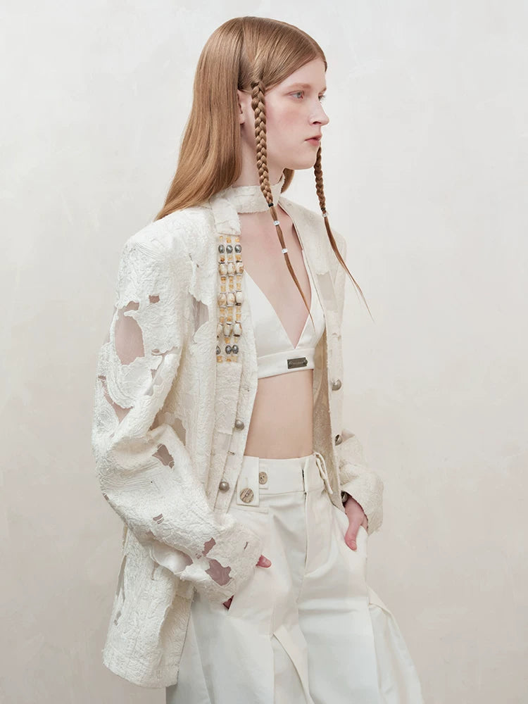 Beaded Collarless Tailored Jacket
