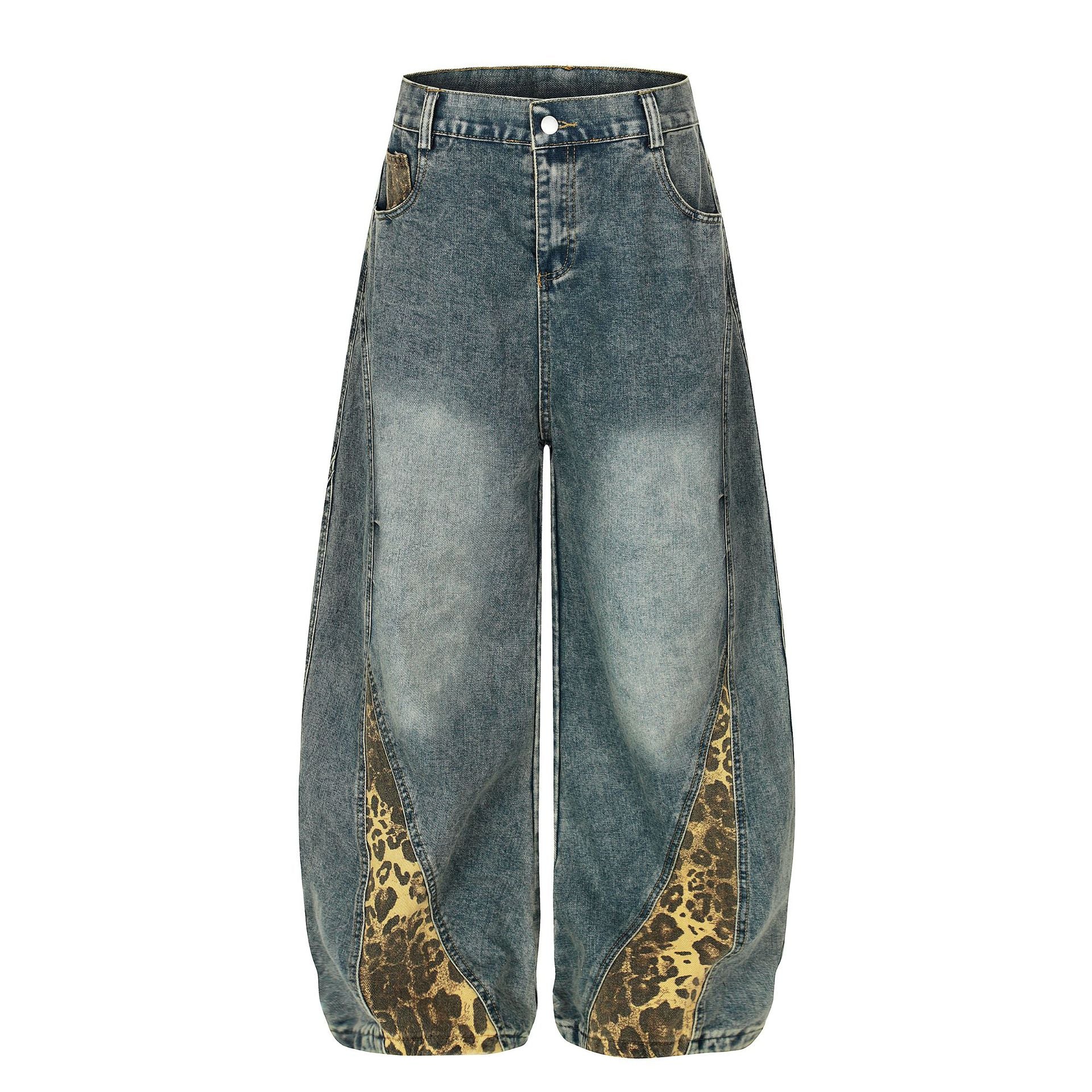 Washed Leopard Panel Curved Denim Jeans