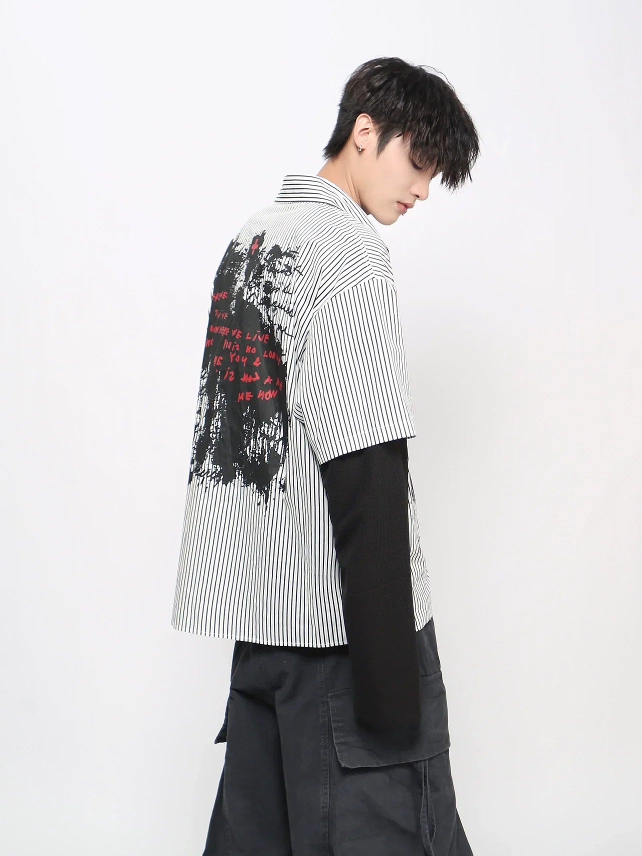 Graffiti Gothic Print Fake Layered Long Sleeve Shirt