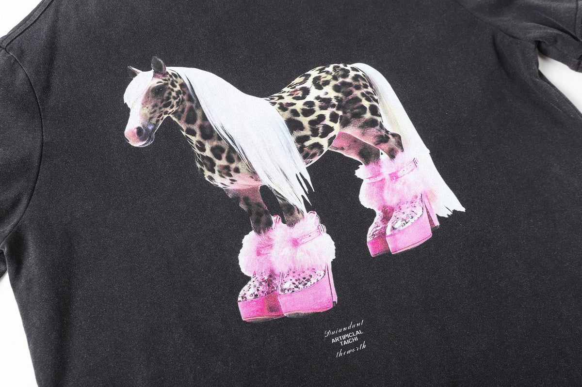 Leopard Horse Print Fake Layered Long Sleeve T-Shirt