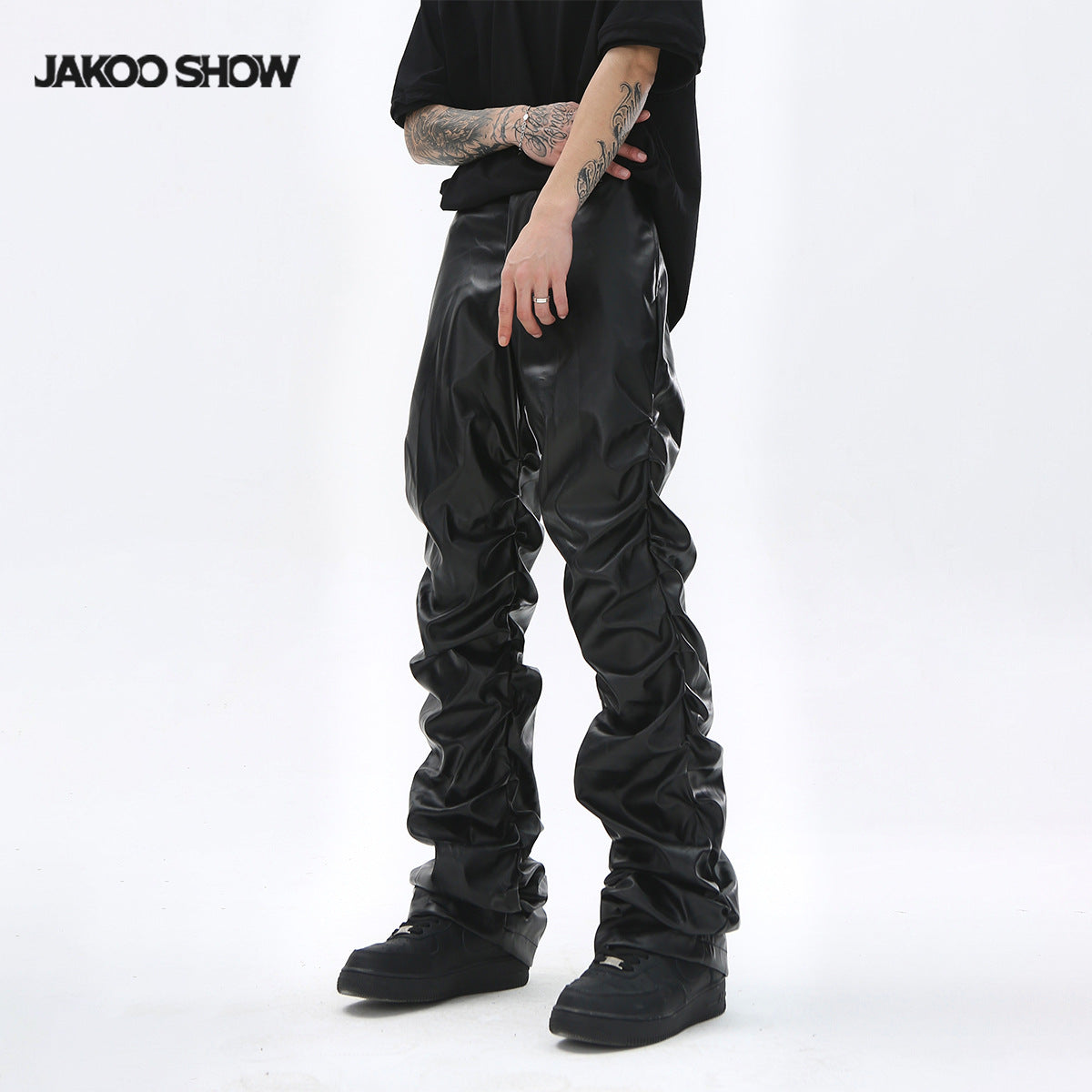 PU Leather Pleats Straight Pants