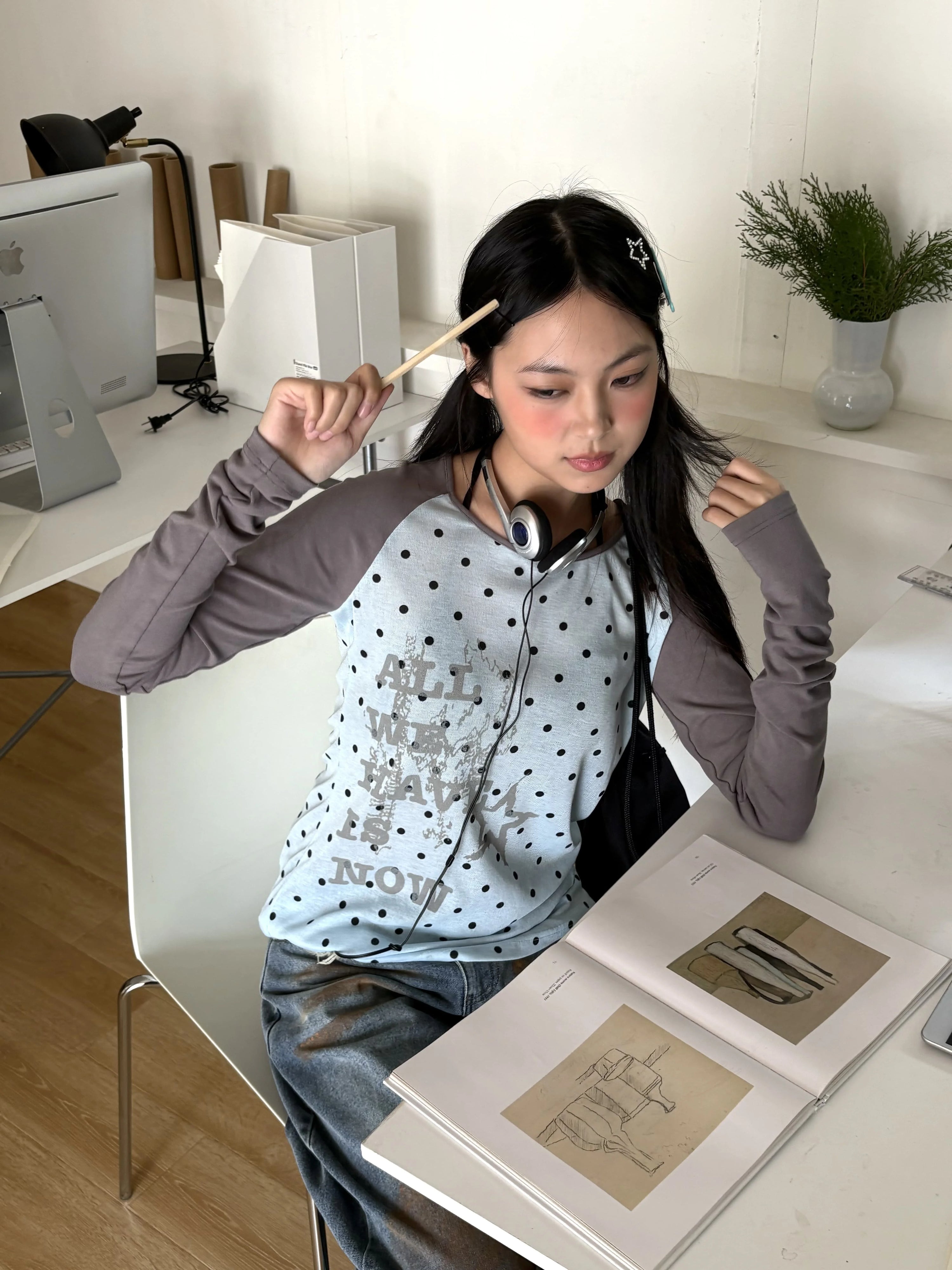 Polka Dot Letter Print Fake Layered Fitted Long Sleeve T-Shirt