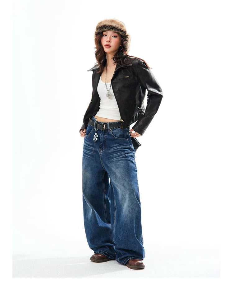 PU Leather Washed Zipper Short Length Jacket