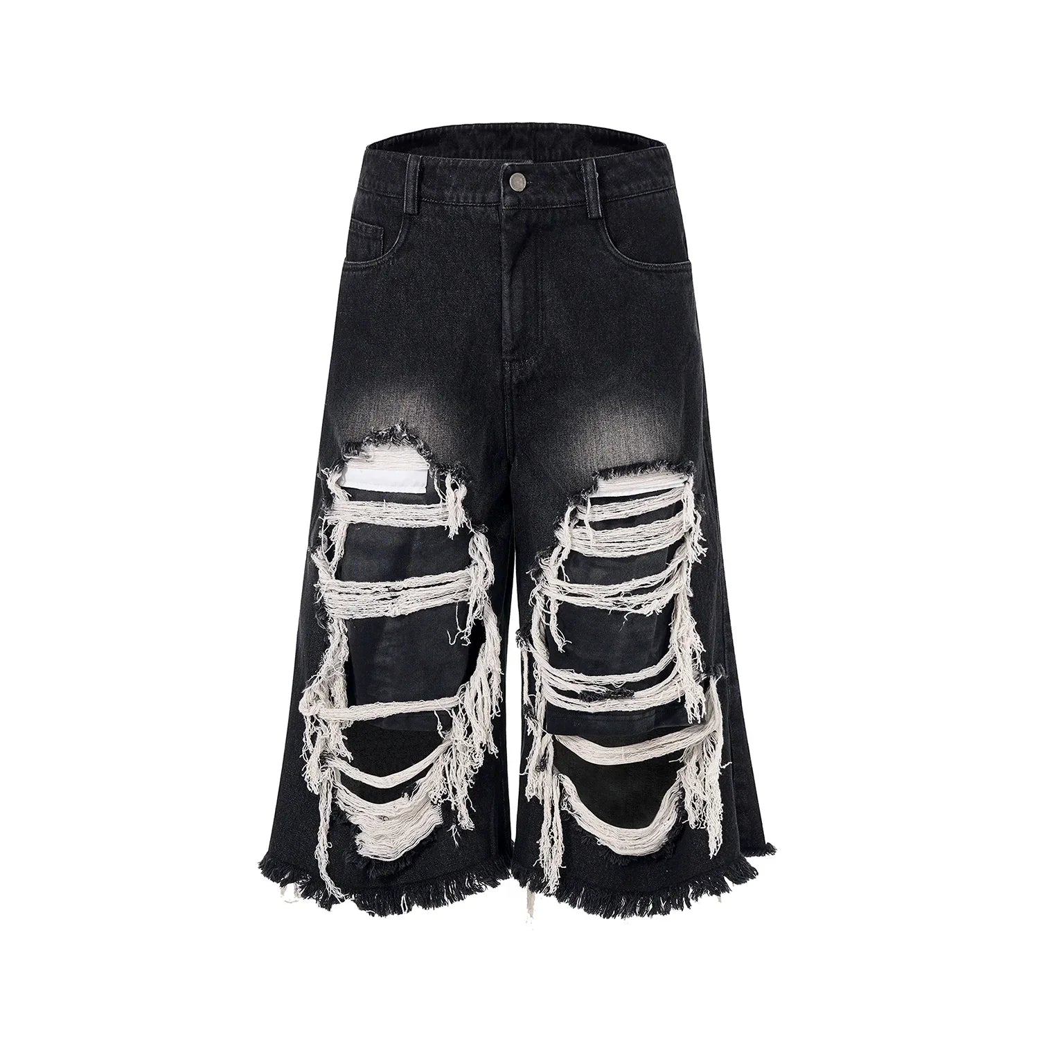 Washed Damage Patch Black Denim Short