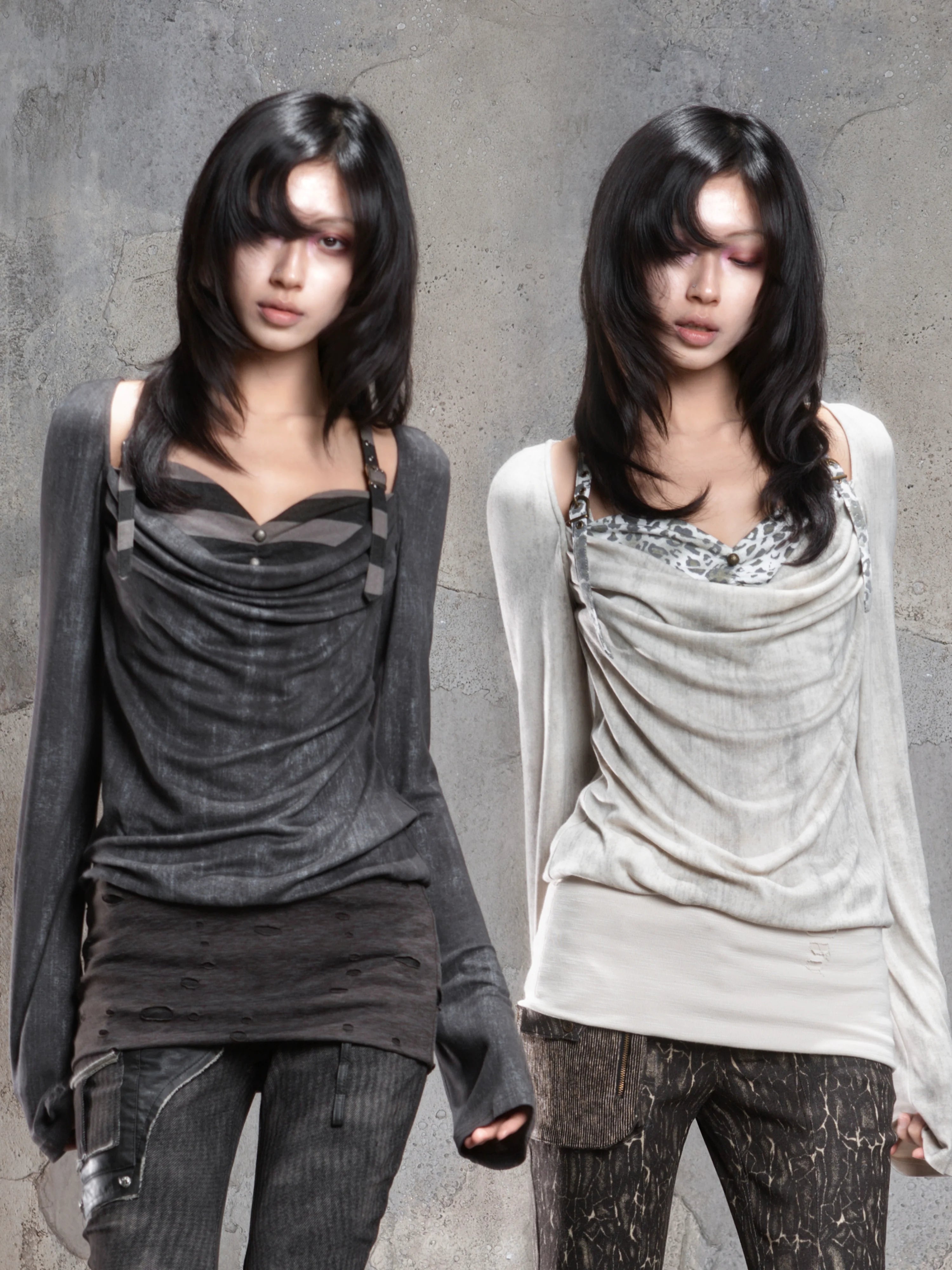 Fake Two-Piece Draped Pleated Mid- Length Slimming Long Sleeve T-Shirts