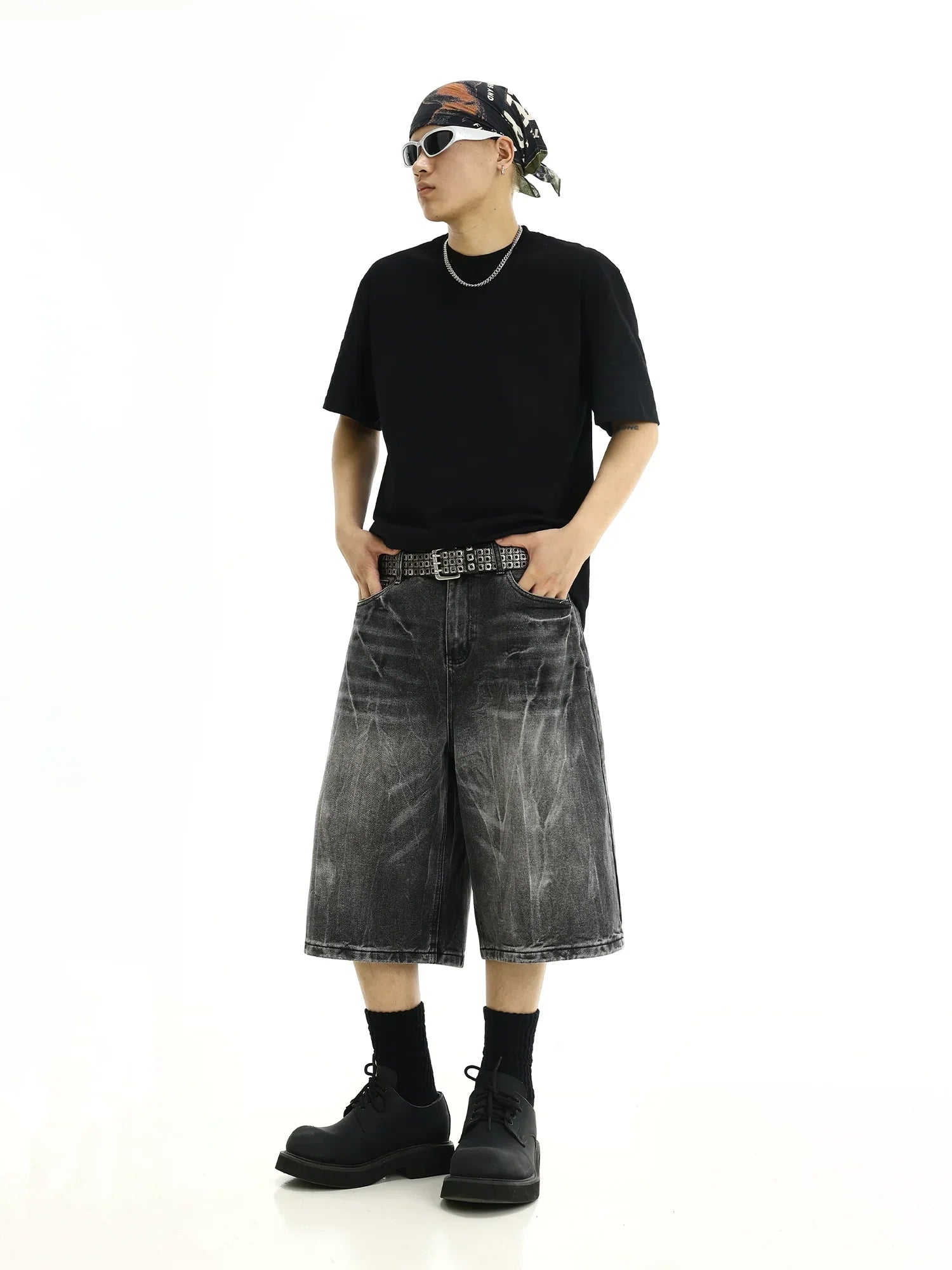 Washed Wide Leg Straight Denim Short Pants