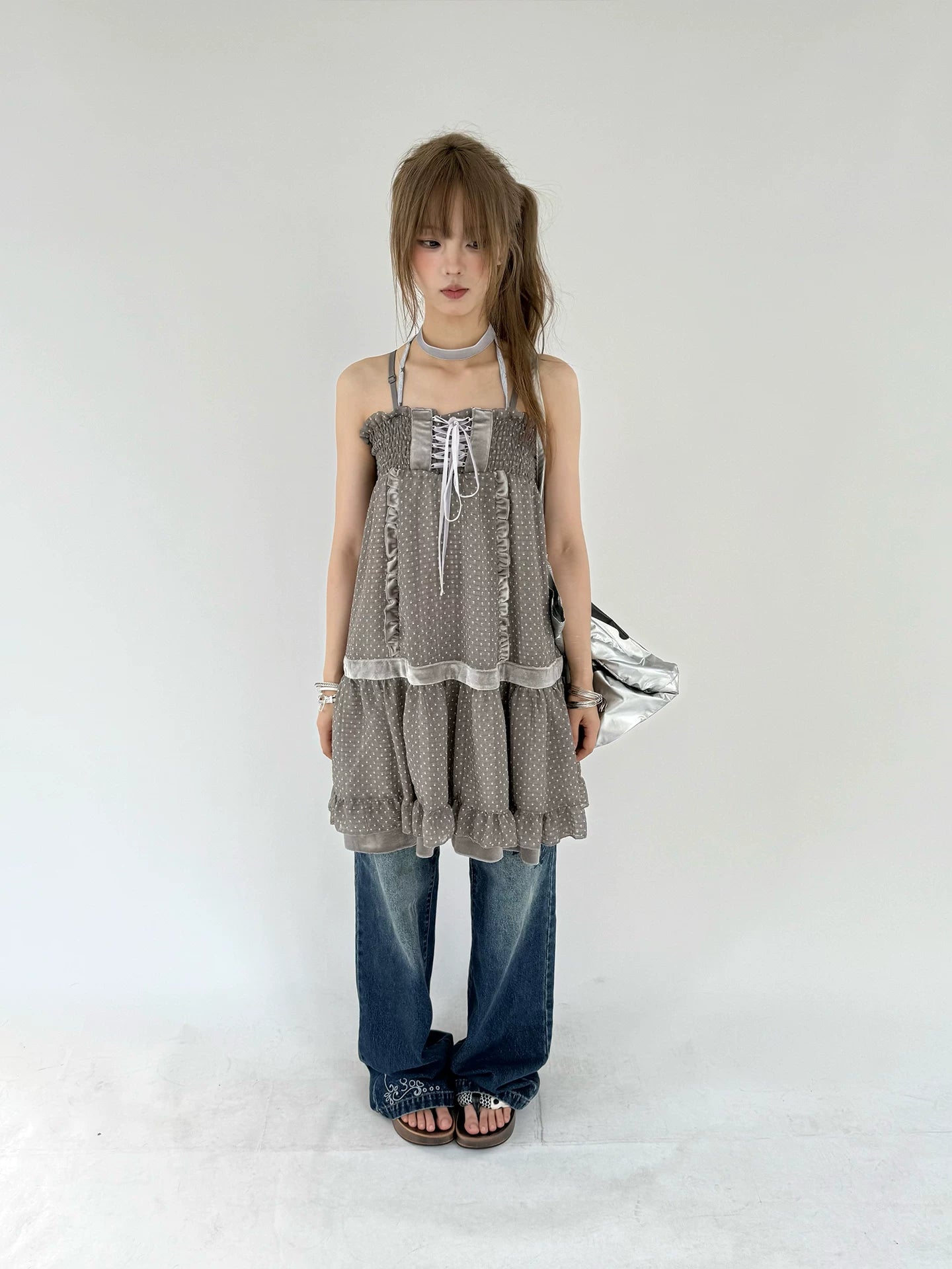 Polka Dot Patchwork Spaghetti Strap Dress