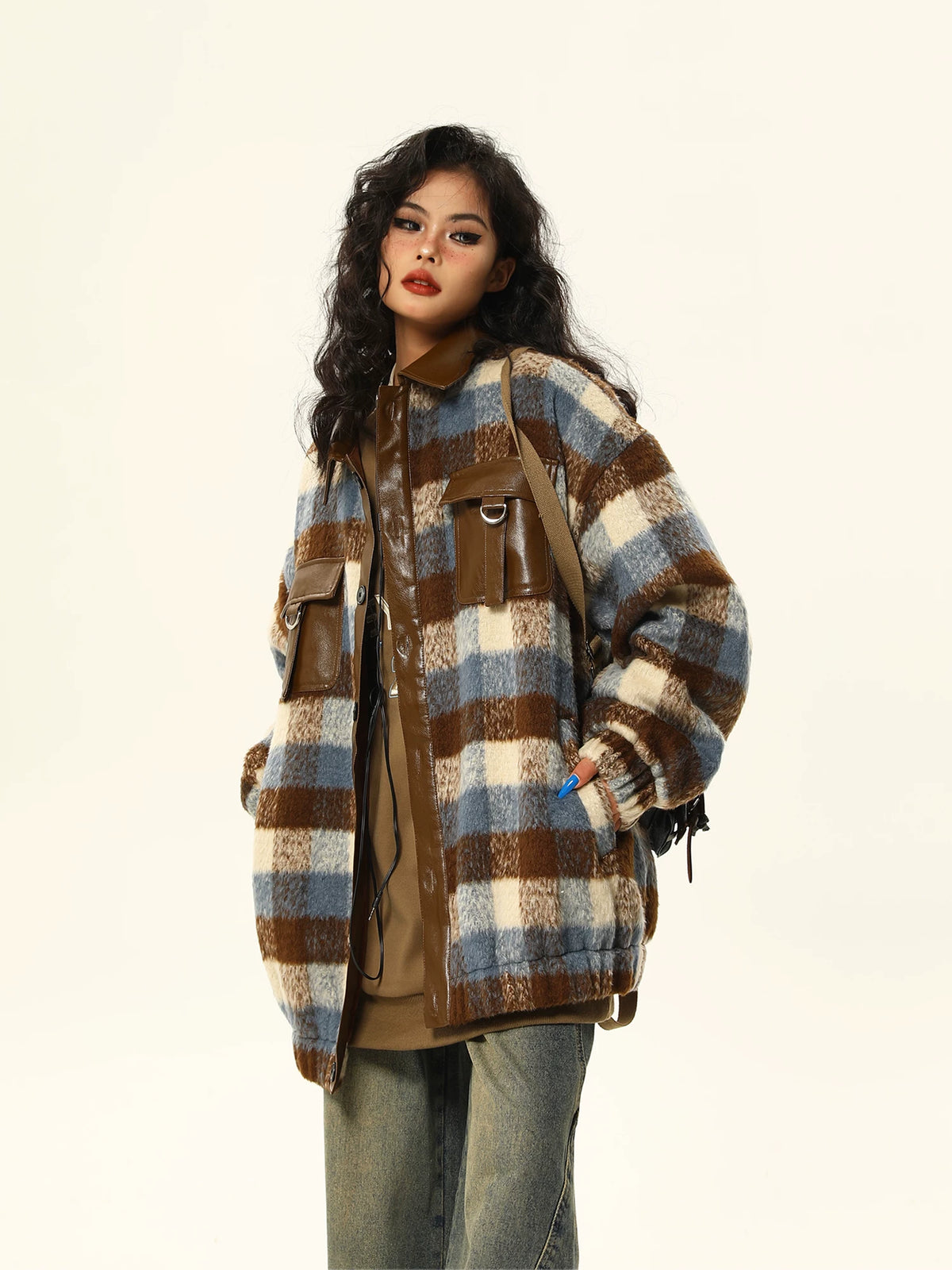 PU Leather Mix Woolen Plaid Jacket