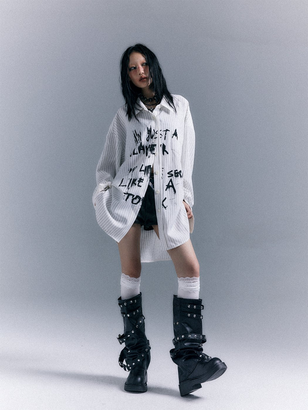 Graffiti Print Stripe Oversize Long Sleeve Shirt