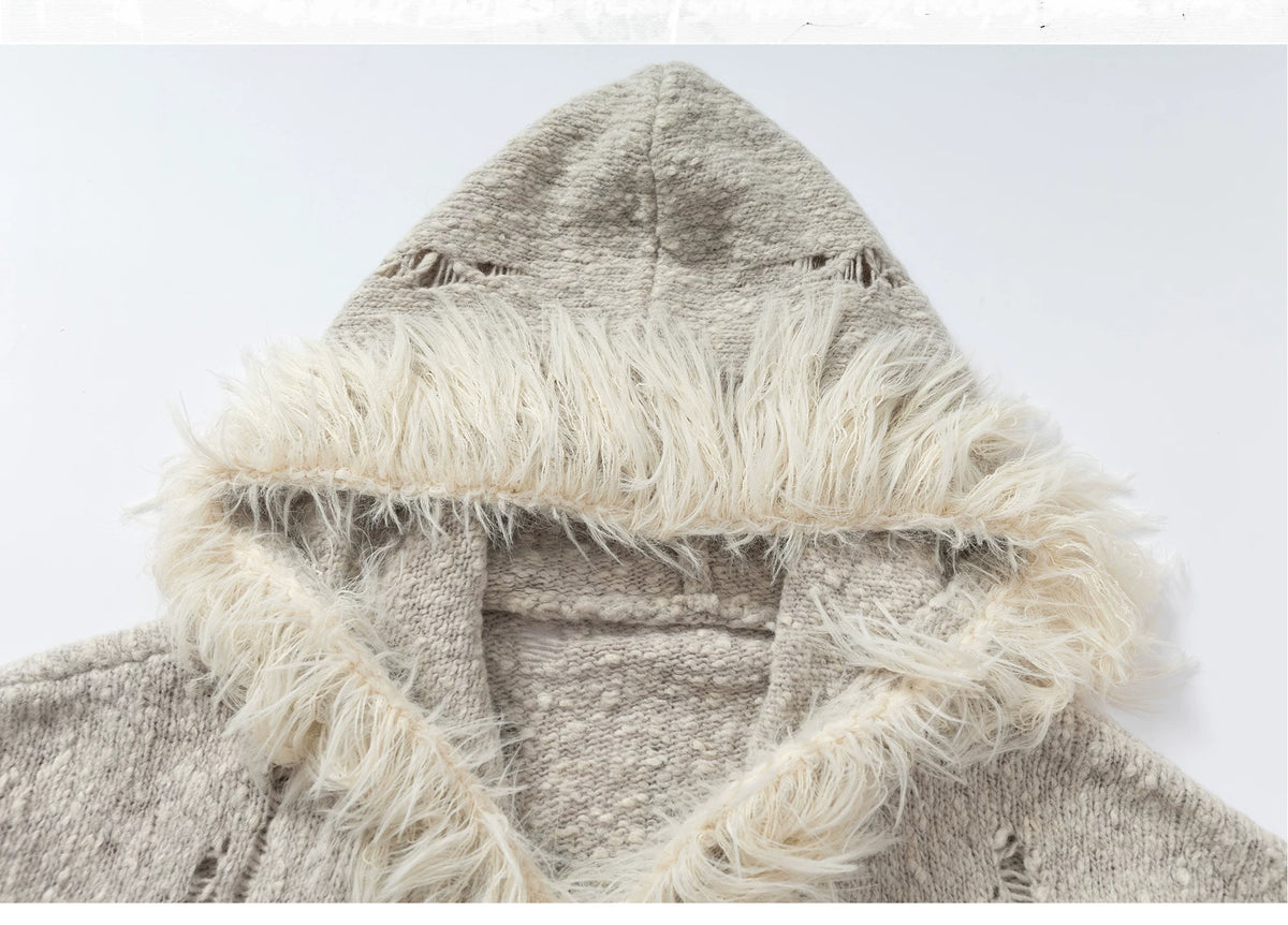 Fake Fur Trim Drawstring Oversize Knit Cardigan