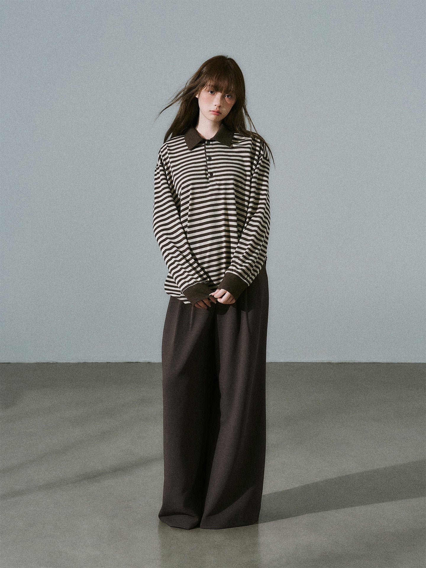 Brown Striped Long Sleeve Polo-Shirt