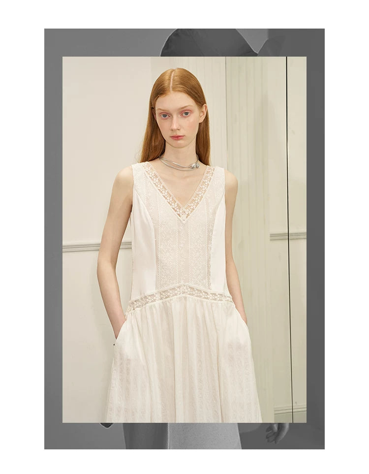 V-Neck Lace Stripe Splicing Sleeveless Long Dress