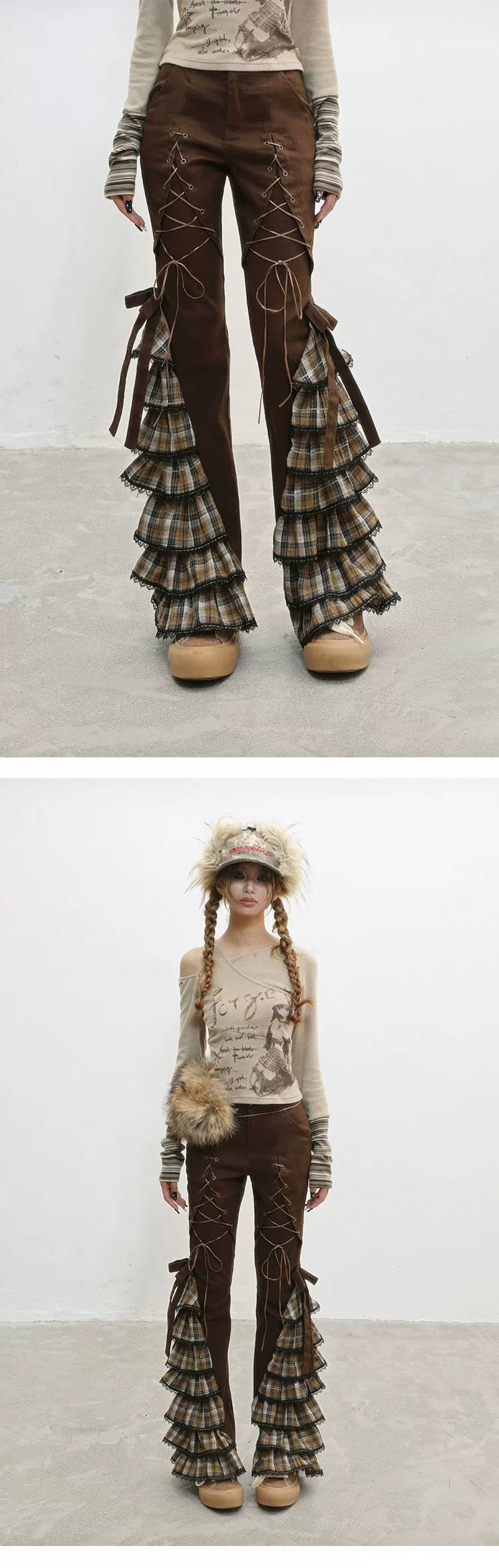 Plaid Lace-Up Ruffle Slimming Pants