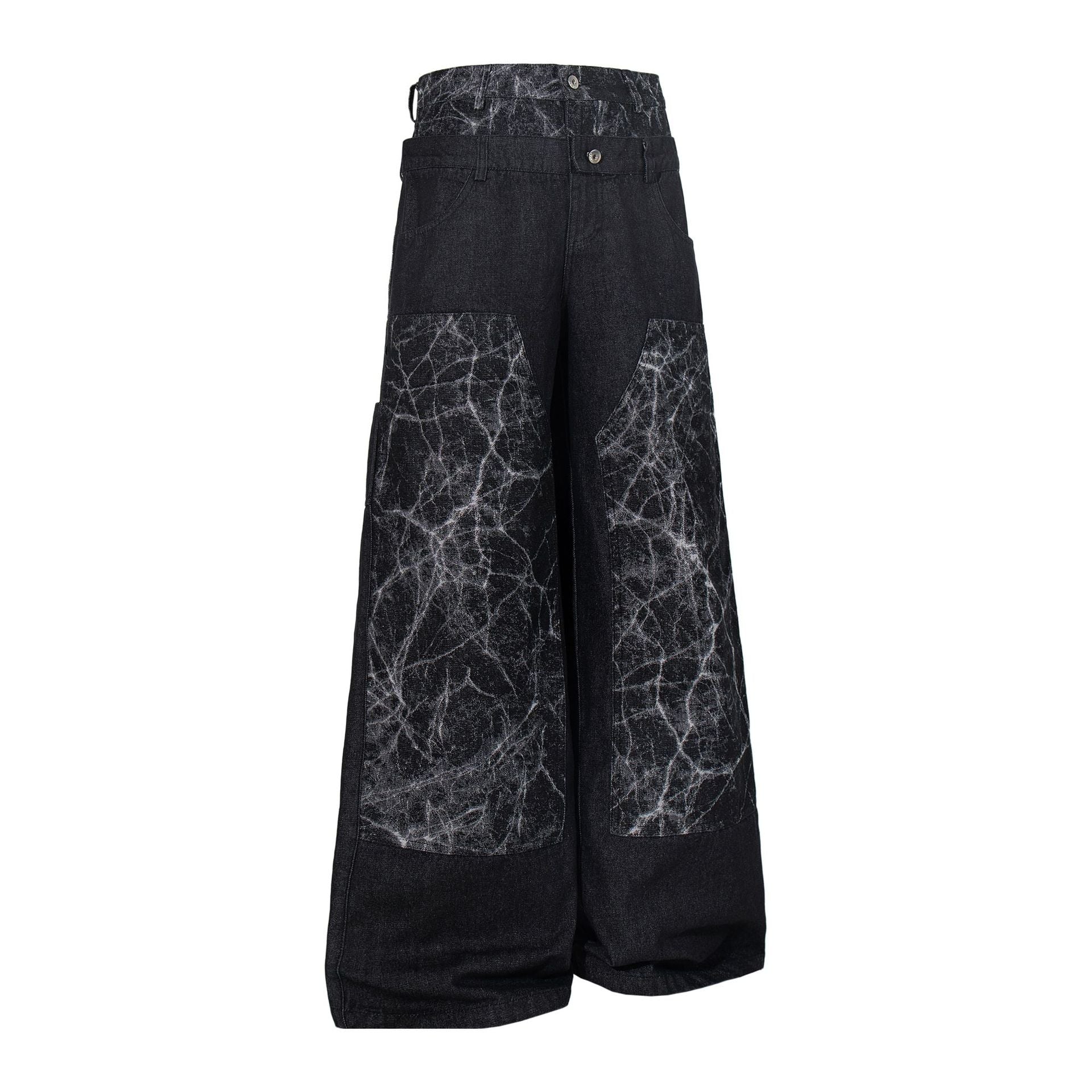 Double Waist Marble Panel Wide Leg Denim Jeans