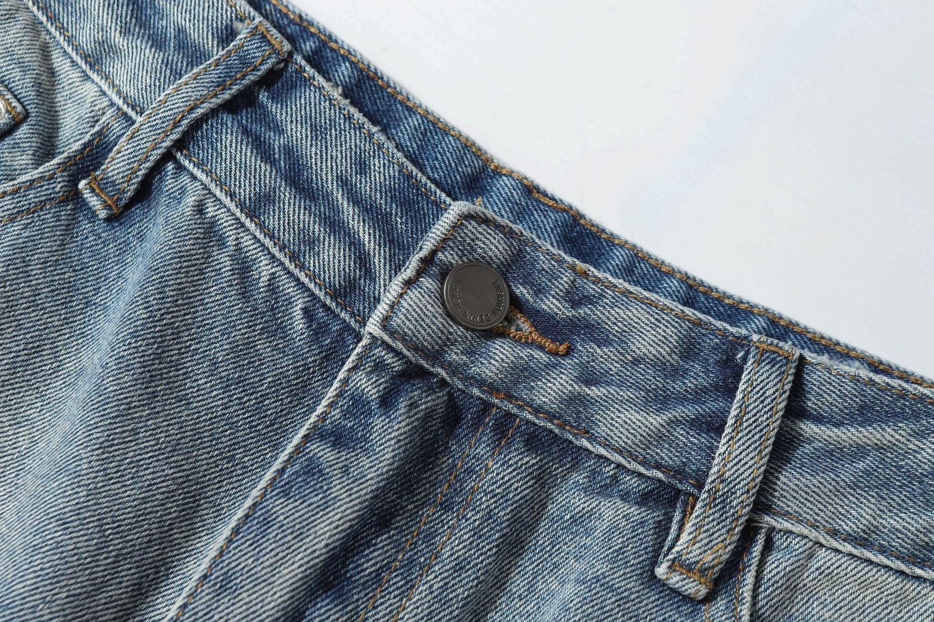 Washed Whisker Damage Wide Leg Denim Jeans