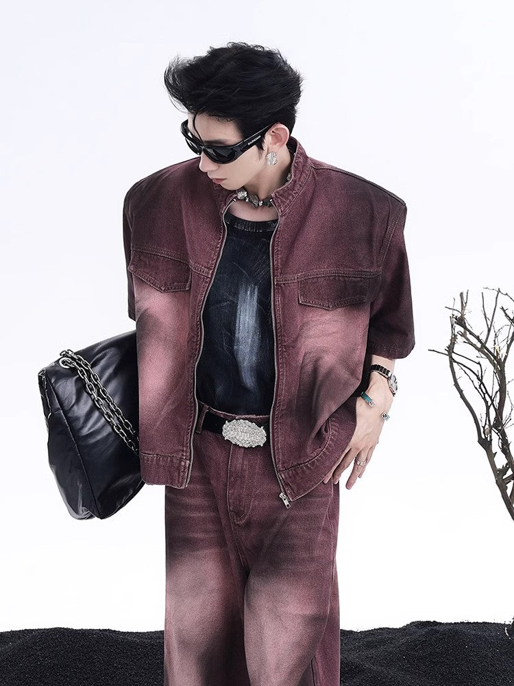 Zipper Short Sleeve Shoulder Padded Denim Jacket & Wide-Leg Straight Denim Jeans Setup