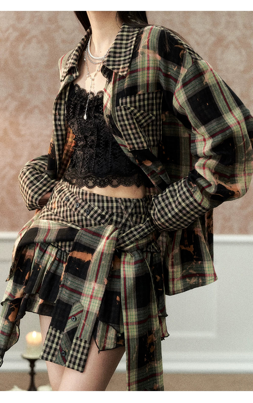 Oversize Plaid Long Sleeve Shirt & Short Skirt & Scarf Setup