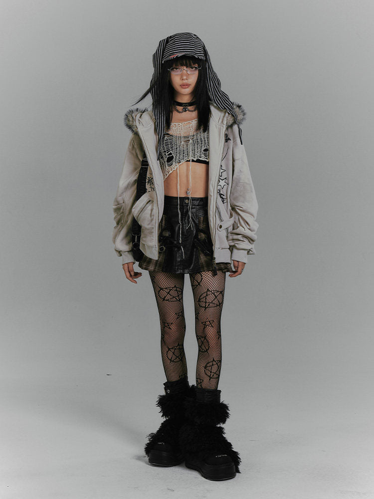 Plaid PU Leather Mix Patchwork Short Skirt