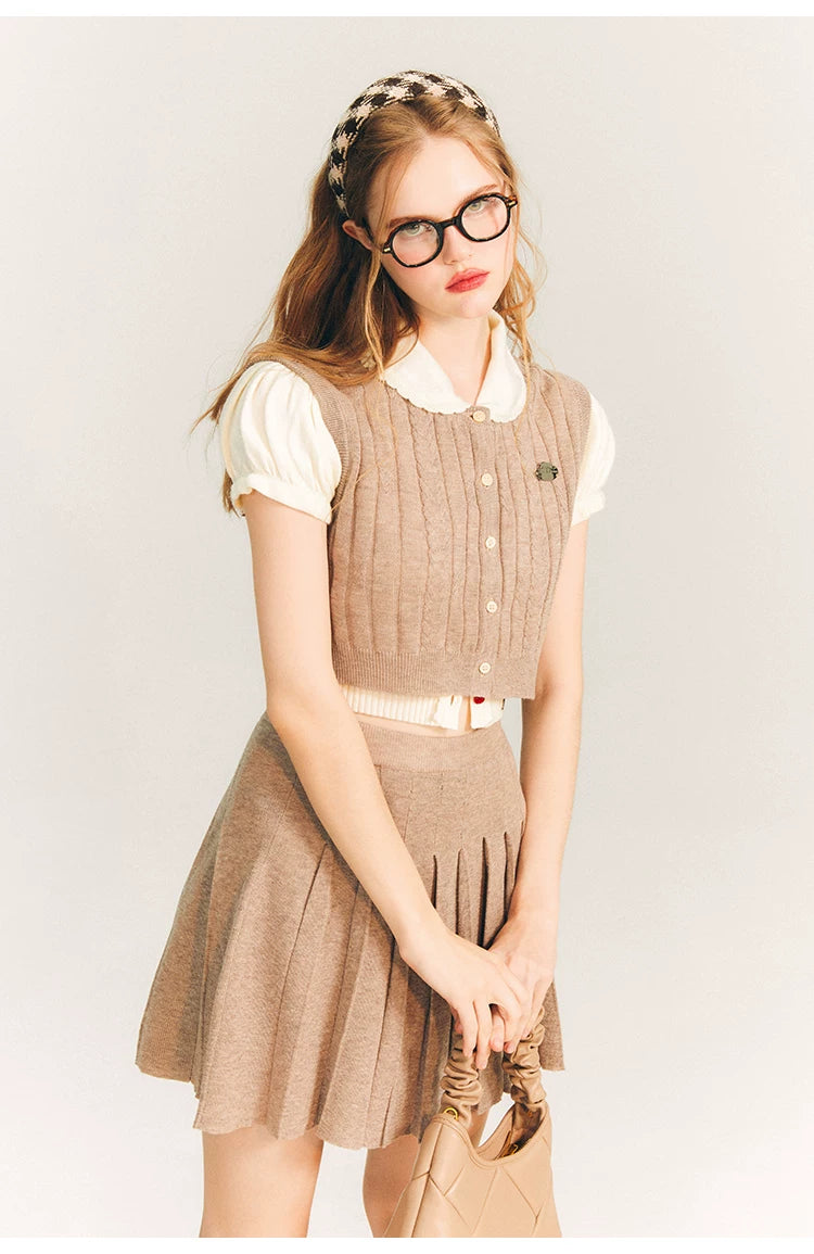 Button Knit Vest & Knit Pleated Skirt Setup