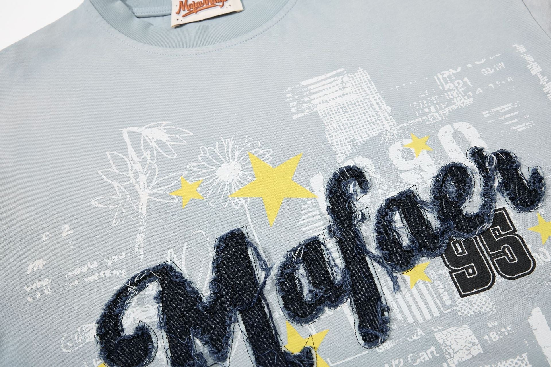 Star Applique Embroidery Washed Short Sleeve T-Shirt