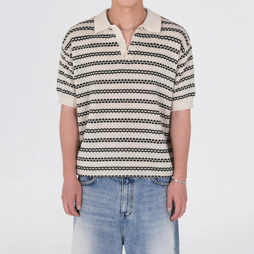 Gestreiftes, leichtes Kurzarm-Strickpoloshirt - Weiß / M