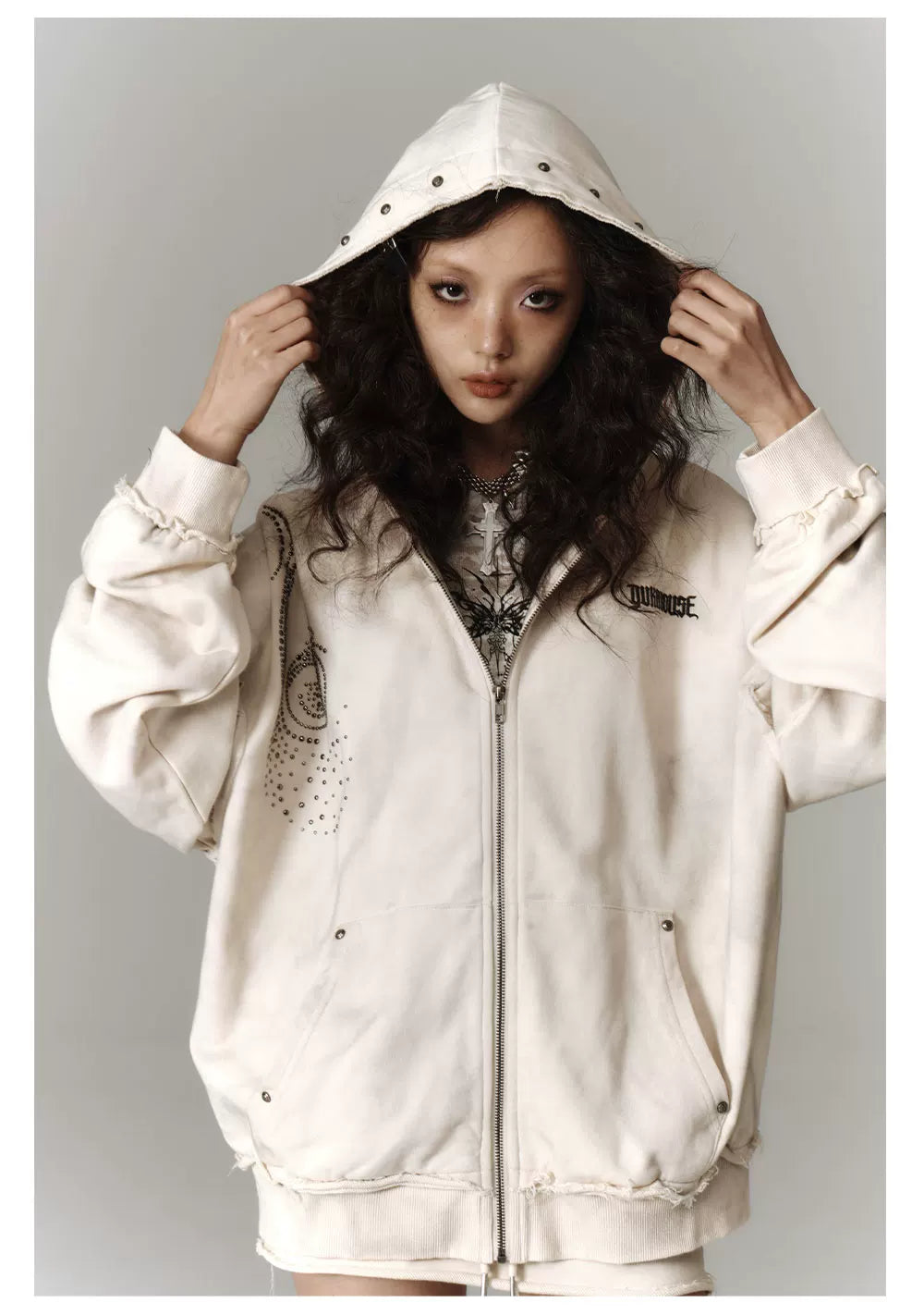 Washed Damage Oversize Zipper Hoodie & Short Skirt & Wide Leg Pants Setup