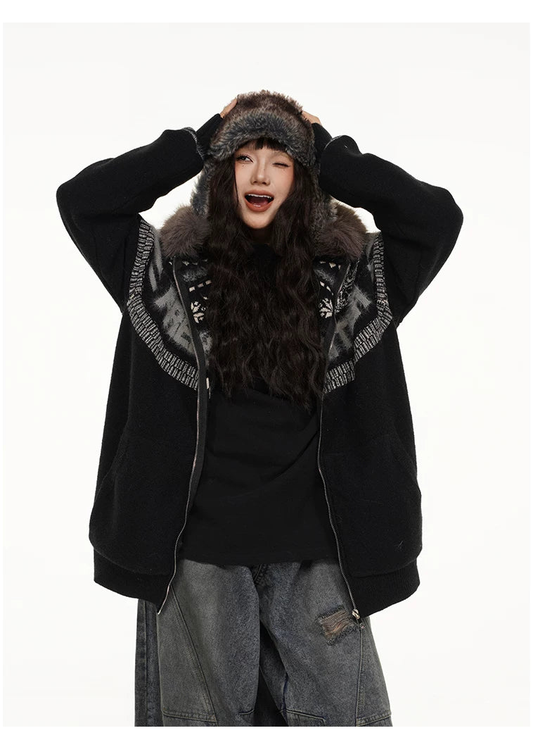 Fair Isle Hooded Detachable Fur Collar Knit Cardigan