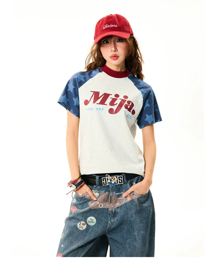 Raglan Sleeve Letter Print Fitted Short Sleeve T-Shirt