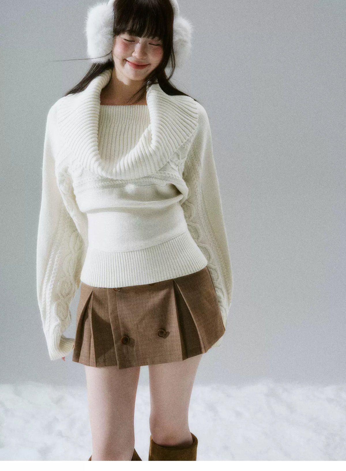 Ribbed Cowl Neck Cable Sleeve Knit Sweater