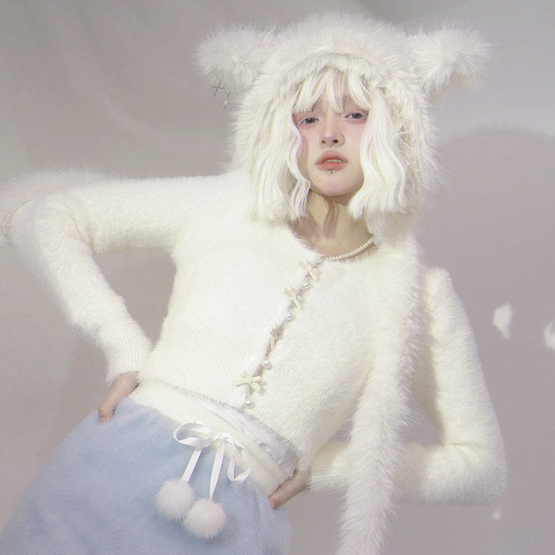 Pearl Bow Short Knit Cardigan