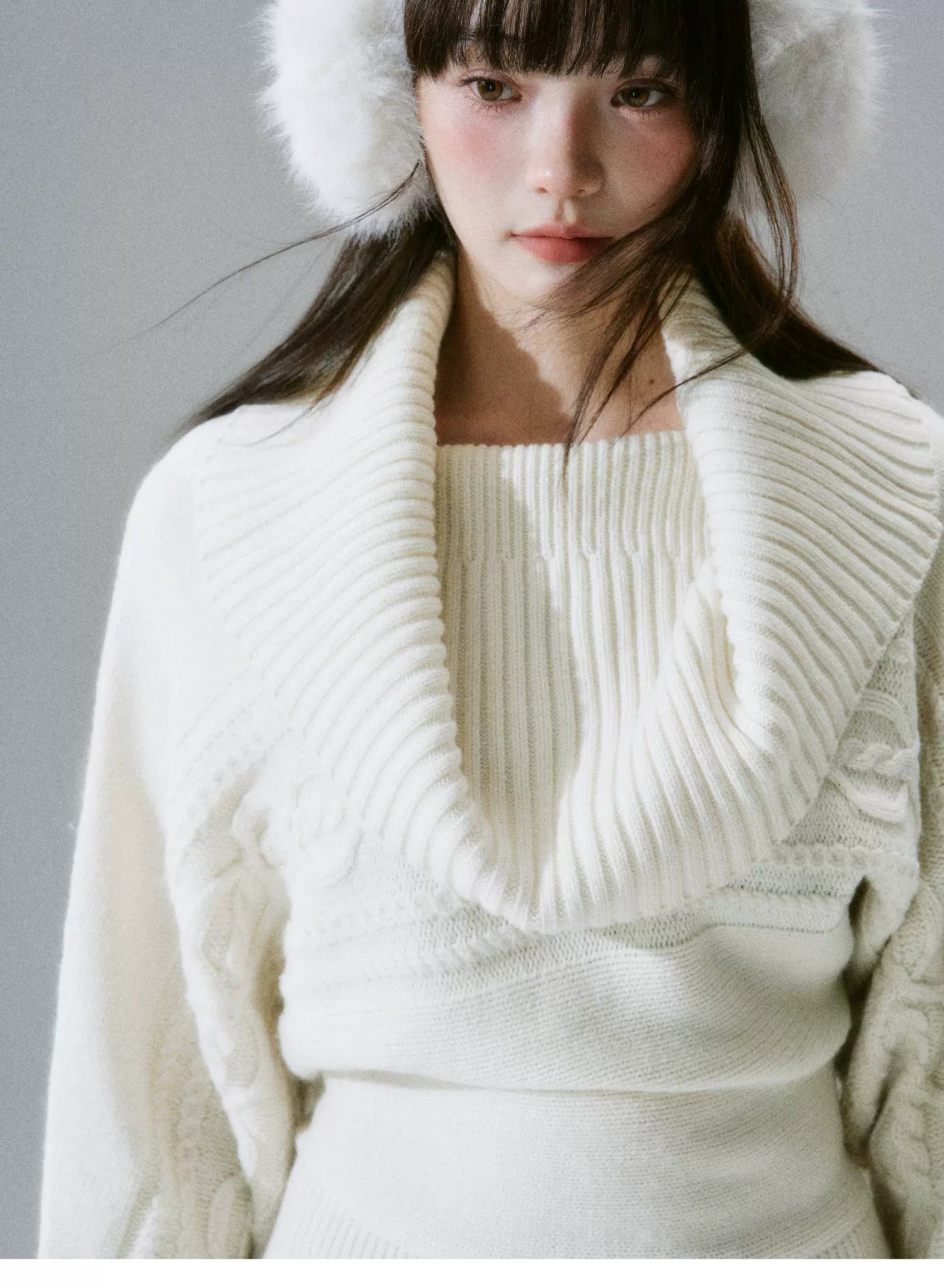 Ribbed Cowl Neck Cable Sleeve Knit Sweater