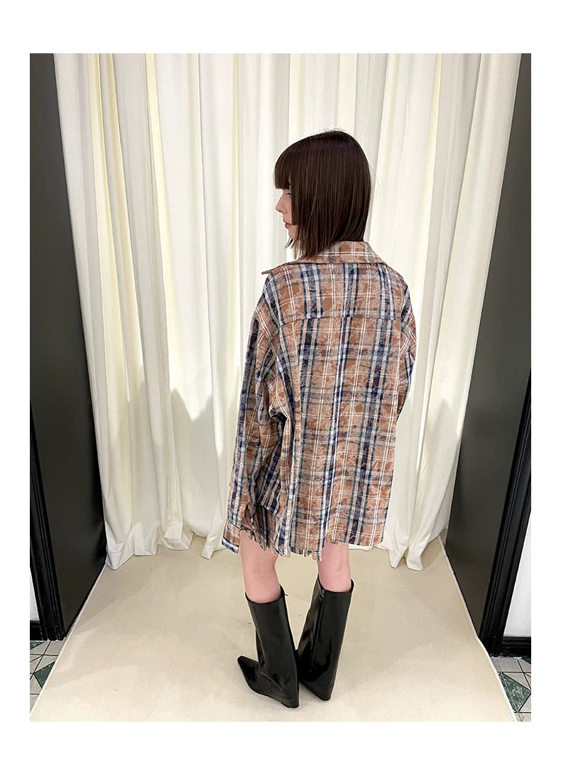 Checkered Washed Oversize Long Sleeve Shirt & Pleated Short Skirt Setup