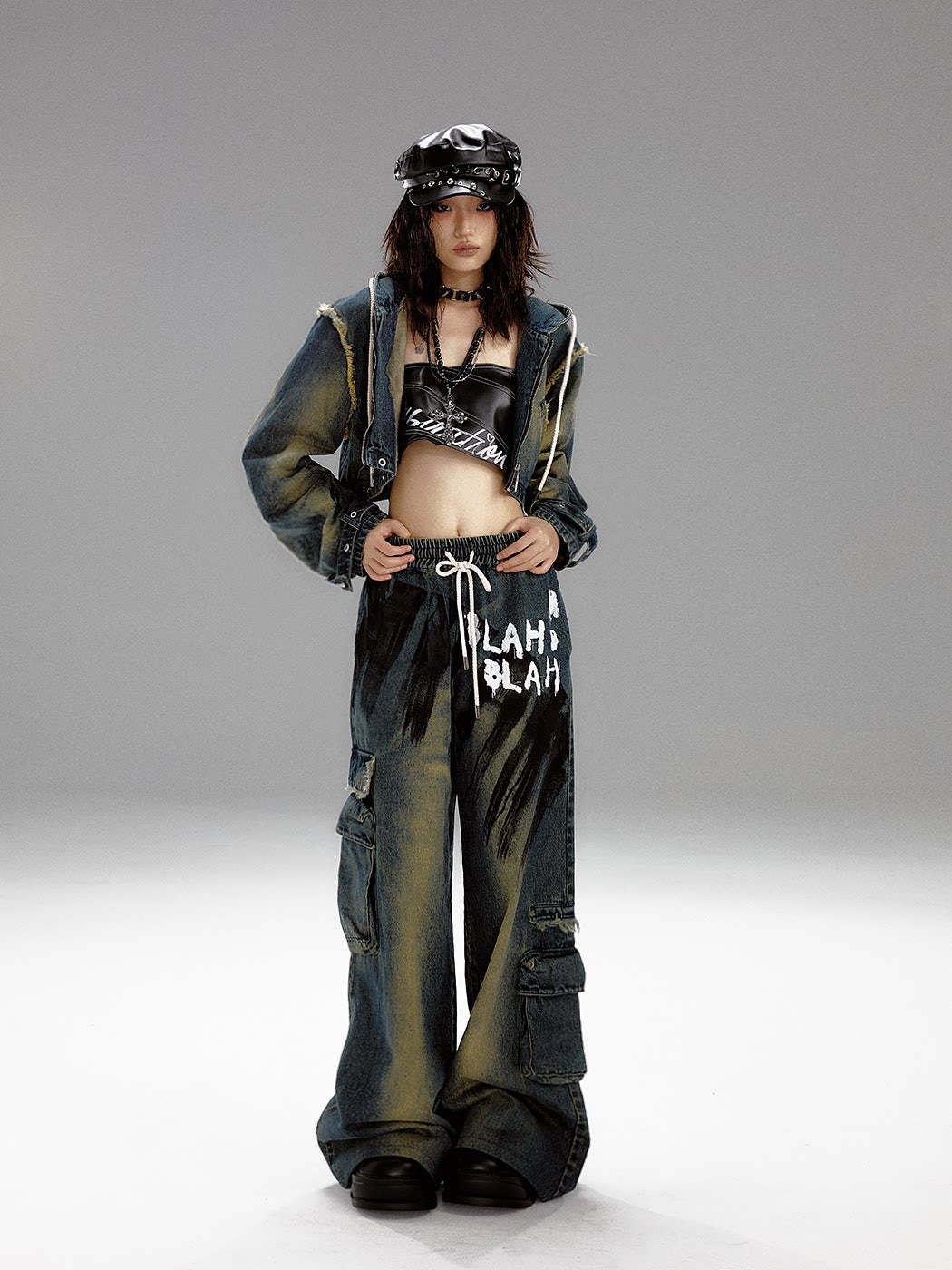 Washed Graffiti Wide-Leg Straight Dnim Jeans