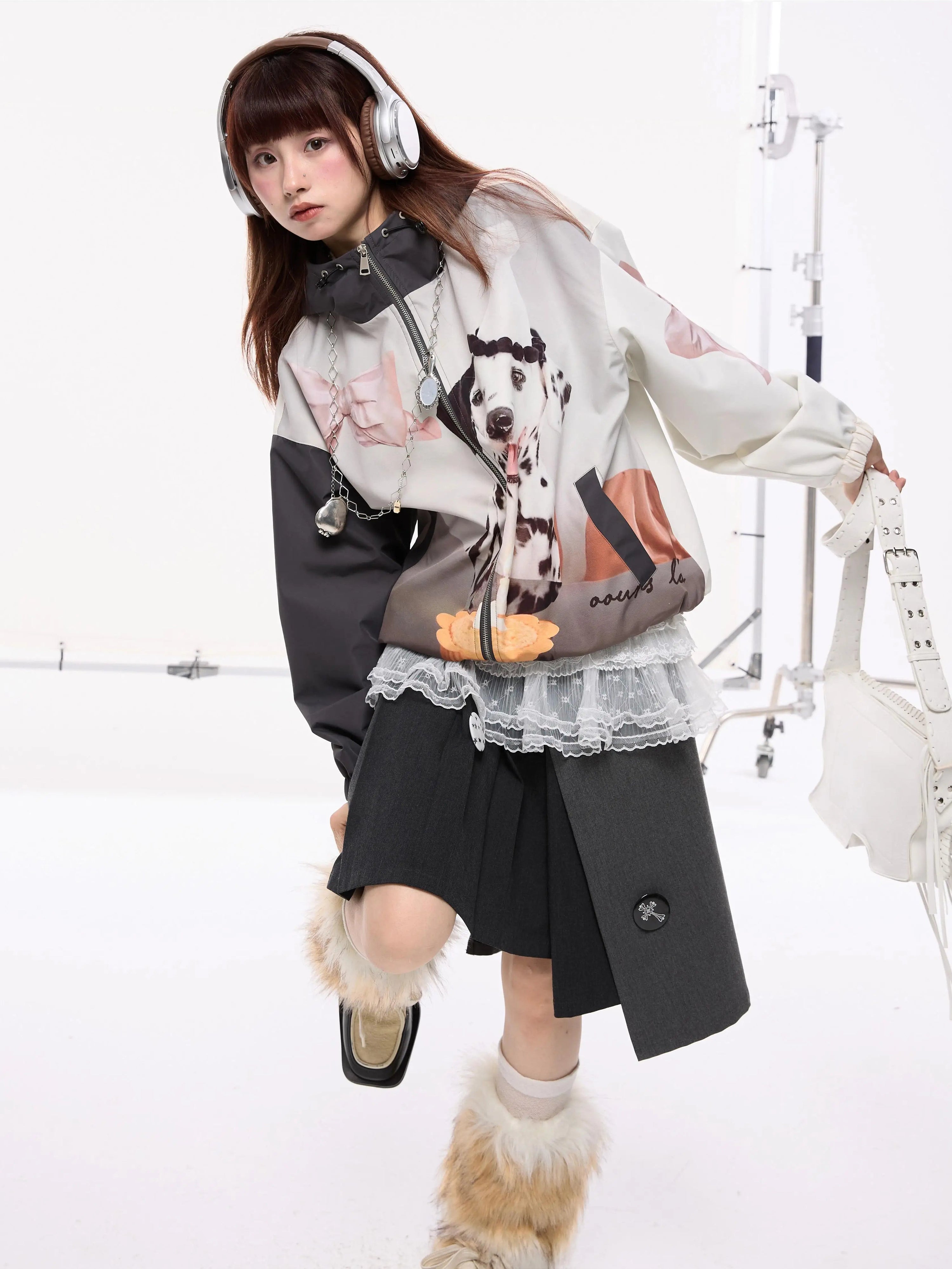 Dalmatian Print Contrast Patchwork Hooded Zipper Jacket